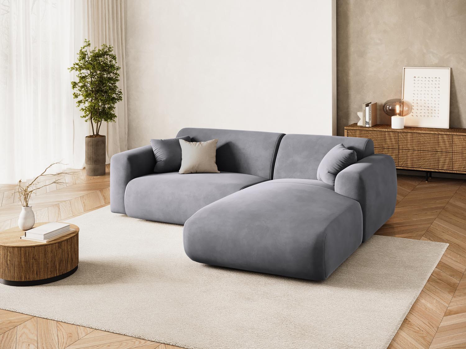 Erleben Sie das elegante Nolio Velour Ecksofa rechts von Cosmopolitan Design. Dieses 4-Sitzer Sofa (170 cm) bietet perfekten Komfort und modernes Flair.