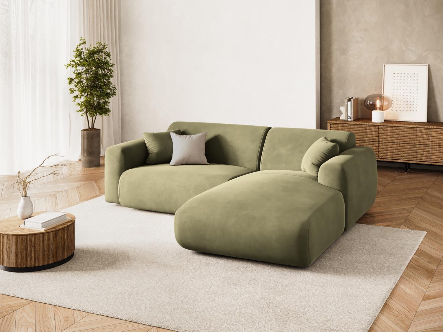 Elegantes Nolio Velour Ecksofa in sanftem Grün, 4-Sitzer mit hochwertiger Polsterung, ideal für gemütliche und moderne Wohnräume.