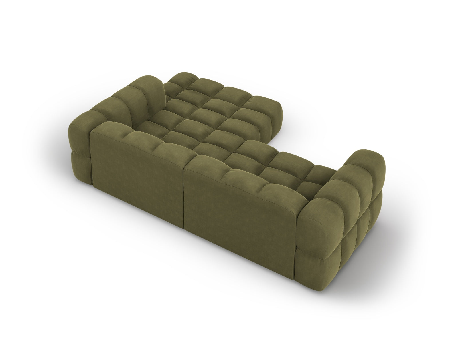 Elegantes, modulares Ecksofa in sanftem Hellgrün, 3-Sitzer, rechte Variante, ideal für stilvolle Wohnräume von Cosmopolitan Design.