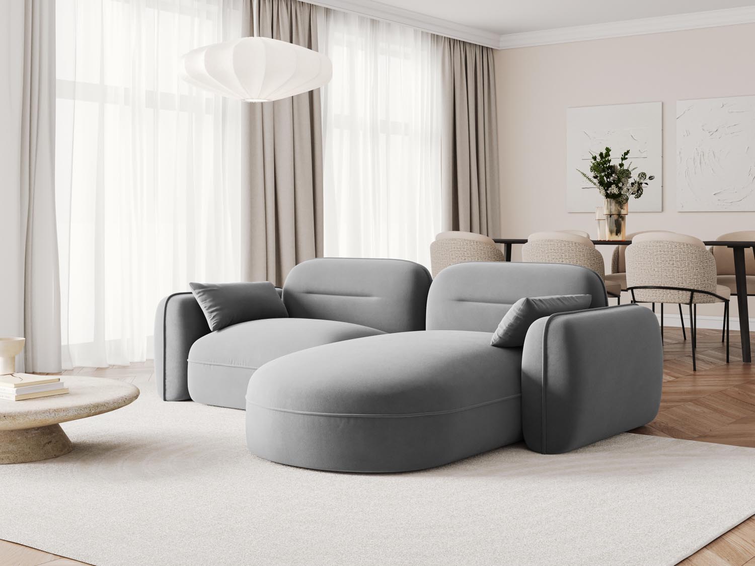 Elegantes Sydney Velour Ecksofa in hellem Grau, ideal für moderne Wohnräume, präsentiert als stilvolles L-Sofa von Cosmopolitan Design.