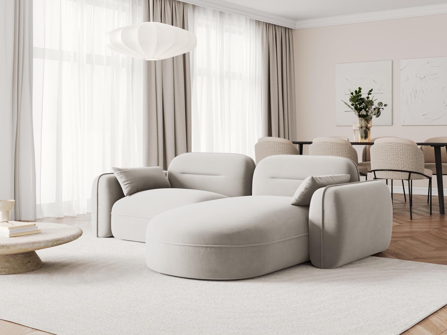 Elegantes Sydney Velour Ecksofa in hellem Beige, ideal für stilvolle Wohnräume. Modular und bequem, perfekt für entspannte Stunden.
