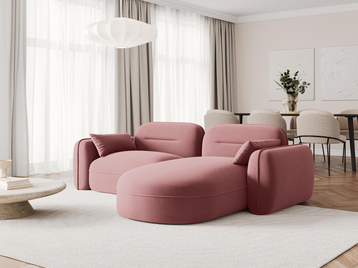 Elegantes Sydney Velour Ecksofa in Flamingo-Casino, ideal für stilvolle Wohnräume. Modular und bequem, perfekt für entspannte Abende.