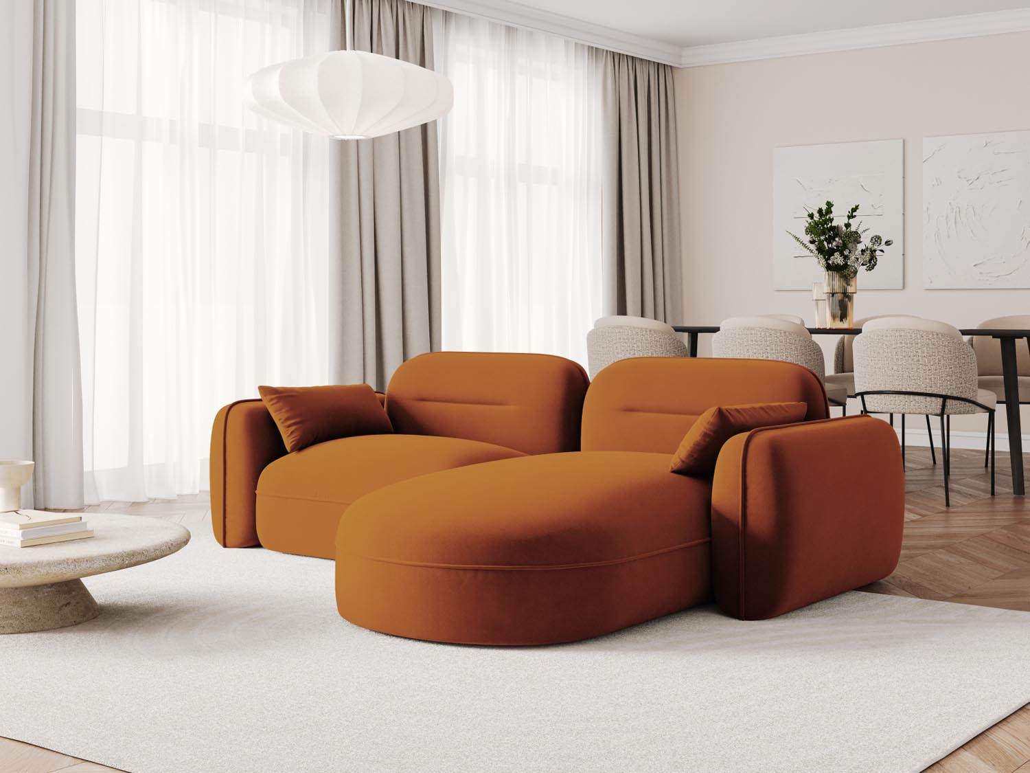 Elegantes Sydney Velour Ecksofa in Terracotta, ideal für stilvolle Wohnräume. Modular und bequem, perfekt für entspannte Abende.