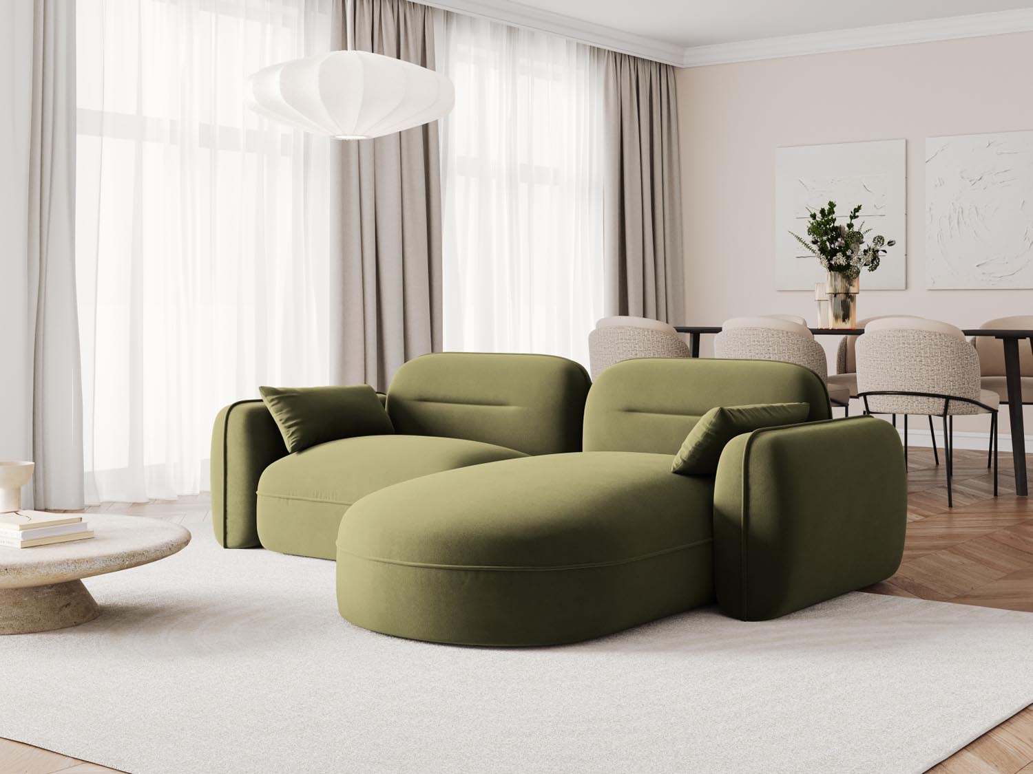 Elegantes Sydney Velour Ecksofa in sanftem Grün, ideal für stilvolle Wohnräume. Modular und bequem, perfekt für entspannte Abende.