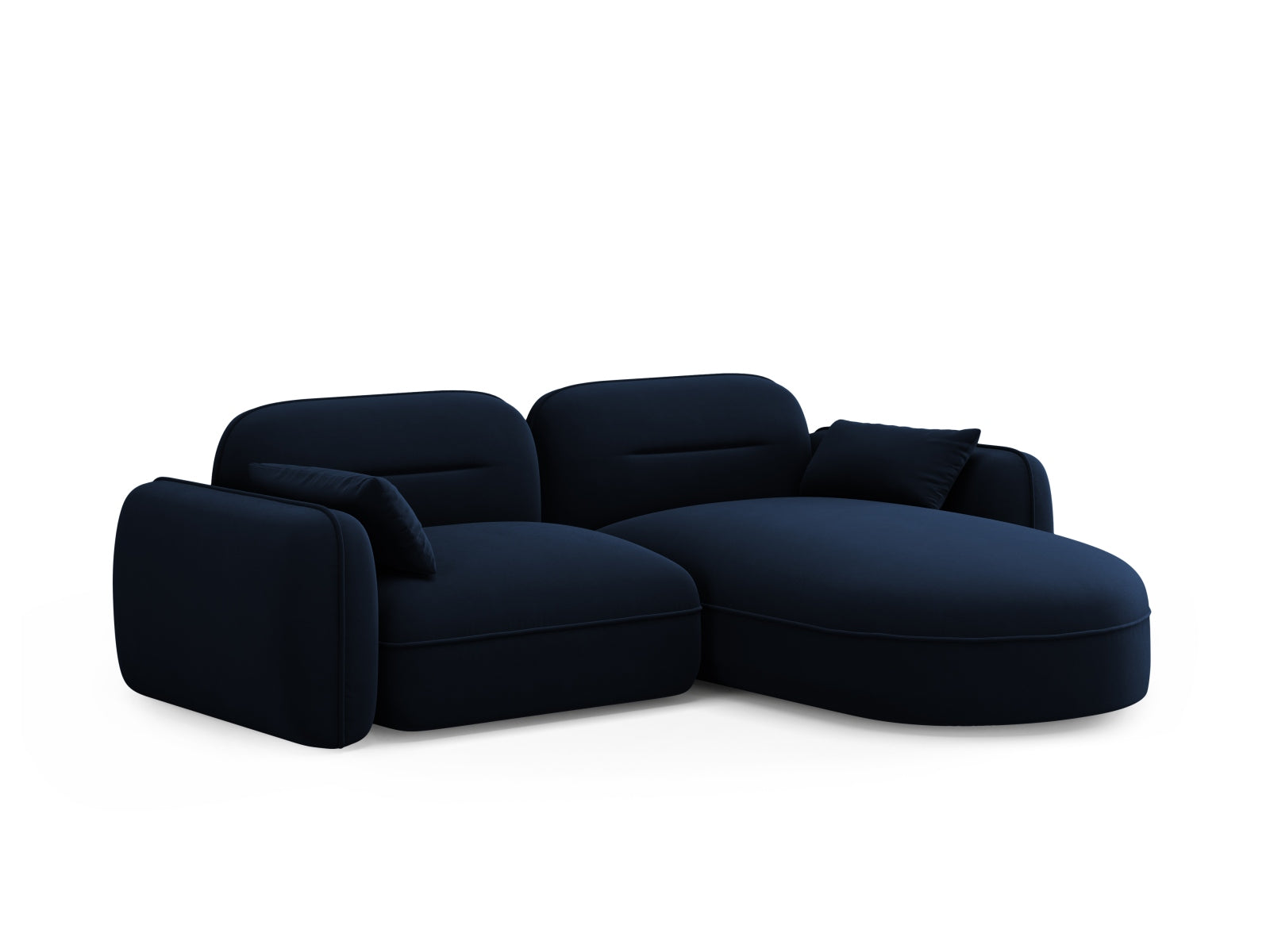 Modulares Ecksofa Sydney in royalblauem Velours, rechtsseitig, bietet modernen Komfort und stilvolle Akzente für jedes Wohnzimmer.