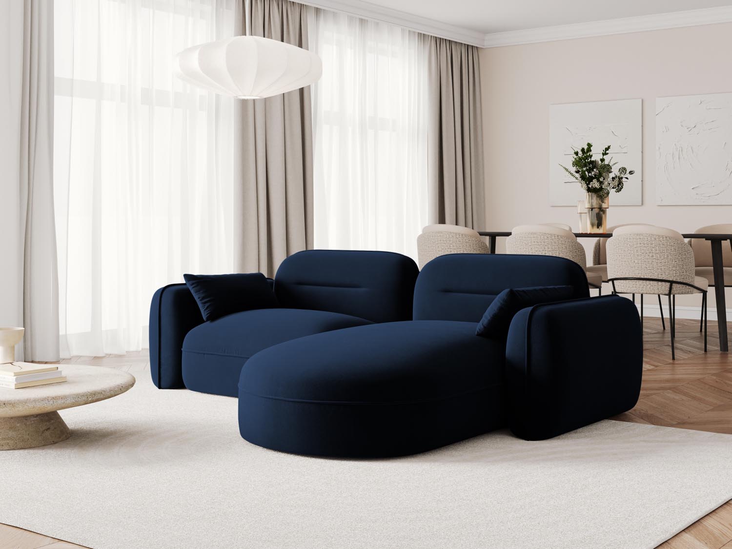Elegantes Sydney Velour Ecksofa in Royal Blue, ideal für stilvolle Wohnräume. Modular und bequem, perfekt für entspannte Abende.