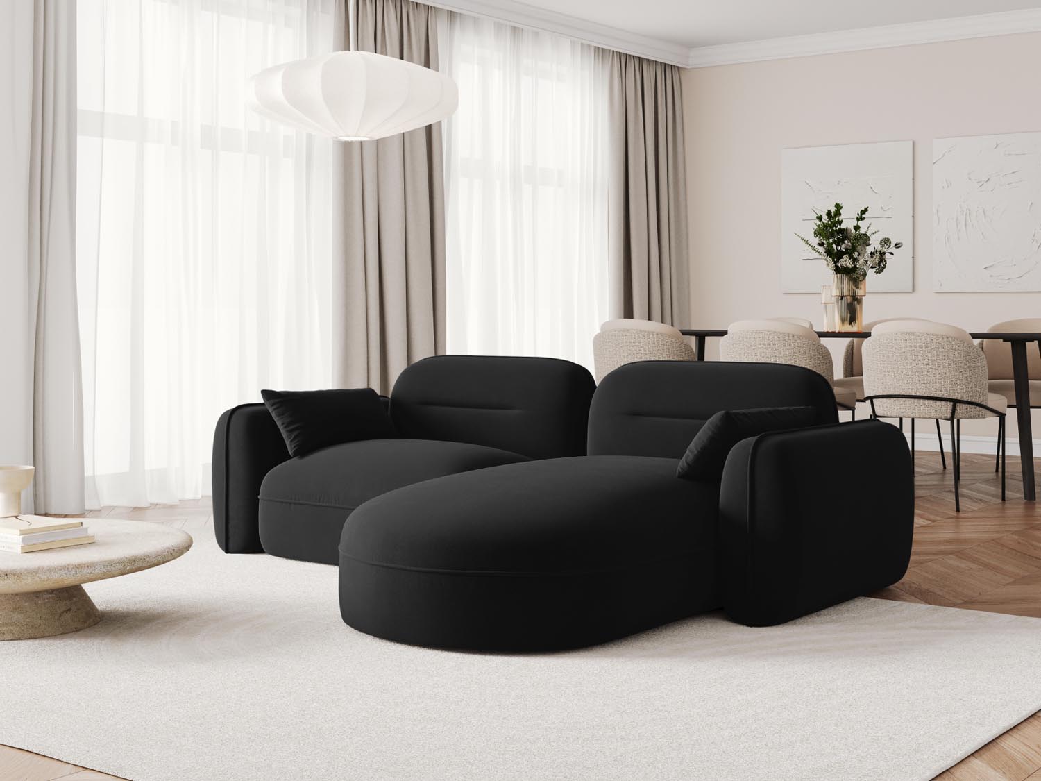Elegantes Sydney Velour Ecksofa in Schwarz, ideal für stilvolle Wohnräume. Modular und bequem, perfekt für entspannte Abende.