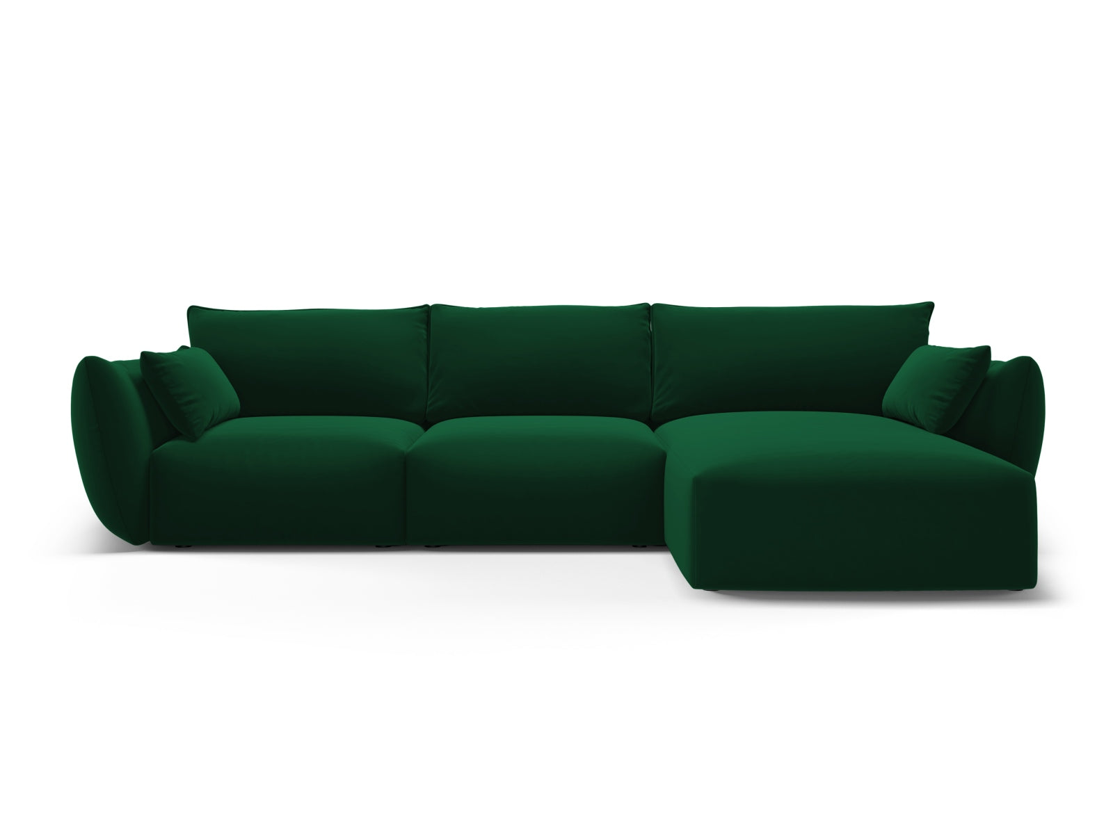 Stilvolles 5-Sitzer Ecksofa rechts Matera in edlem Flaschengrün, perfekt für gemütliche Abende und zeitgemäße Einrichtung.