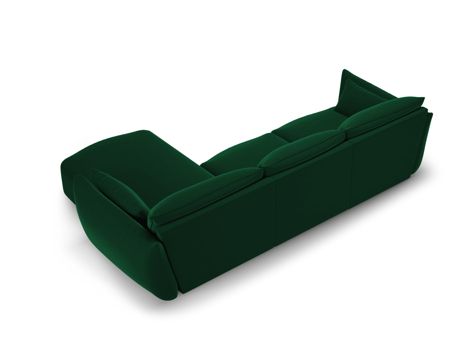 Stilvolles 5-Sitzer Ecksofa rechts Matera in edlem Flaschengrün, perfekt für gesellige Abende und zeitgemäße Einrichtung.