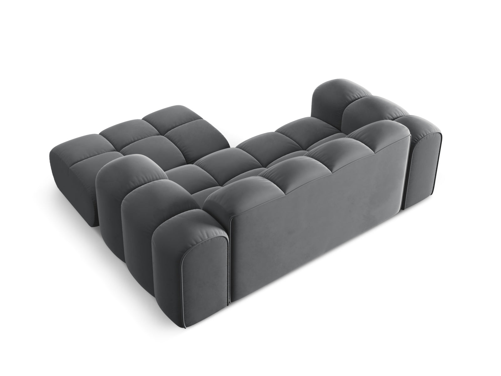 Stylisches 2-Sitzer Ecksofa Treno in elegantem Grau-Bluvel, perfekt für entspannte Stunden im Wohnzimmer, erhältlich bei Cosmopolitan Design.