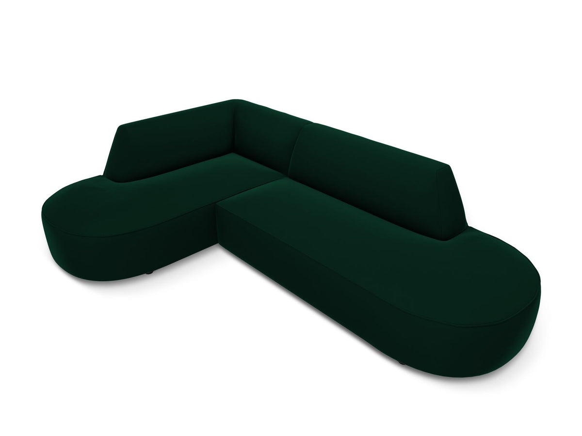 Modulares Ecksofa links in Beige-Salvador Samtstoff, schwarze Kunststoffbeine, Récamiere und gepolsterte Rückenlehne, 4-Sitzer, 180cm Breite.