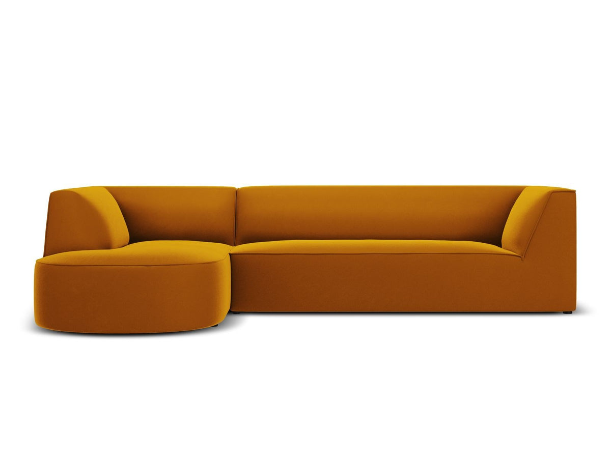 Modulares Ecksofa links in Beige-Salvador Samtstoff, schwarze Kunststoffbeine, Récamiere und gepolsterte Rückenlehne, 4-Sitzer, 180cm Breite.