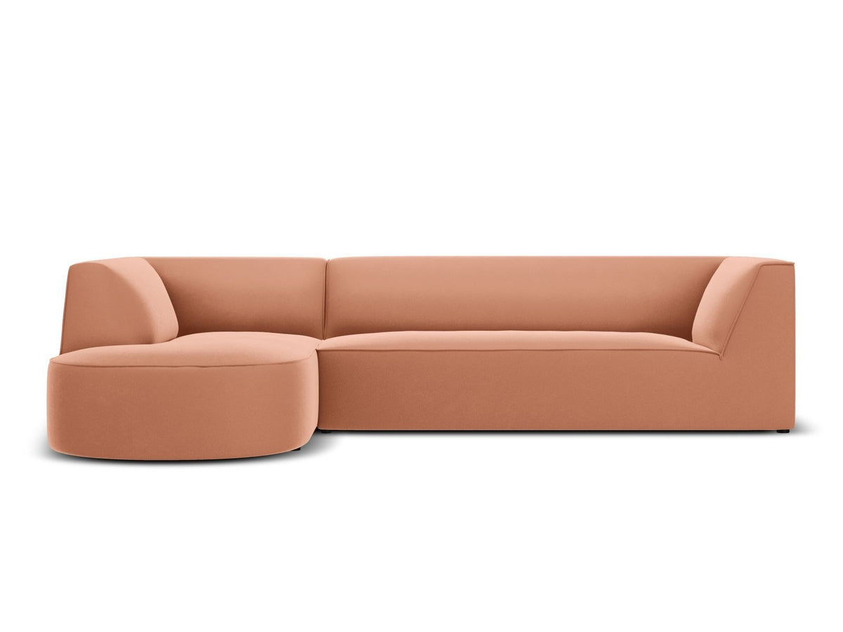 Modulares Ecksofa links in Beige-Salvador Samtstoff, schwarze Kunststoffbeine, Récamiere und gepolsterte Rückenlehne, 4-Sitzer, 180cm Breite.