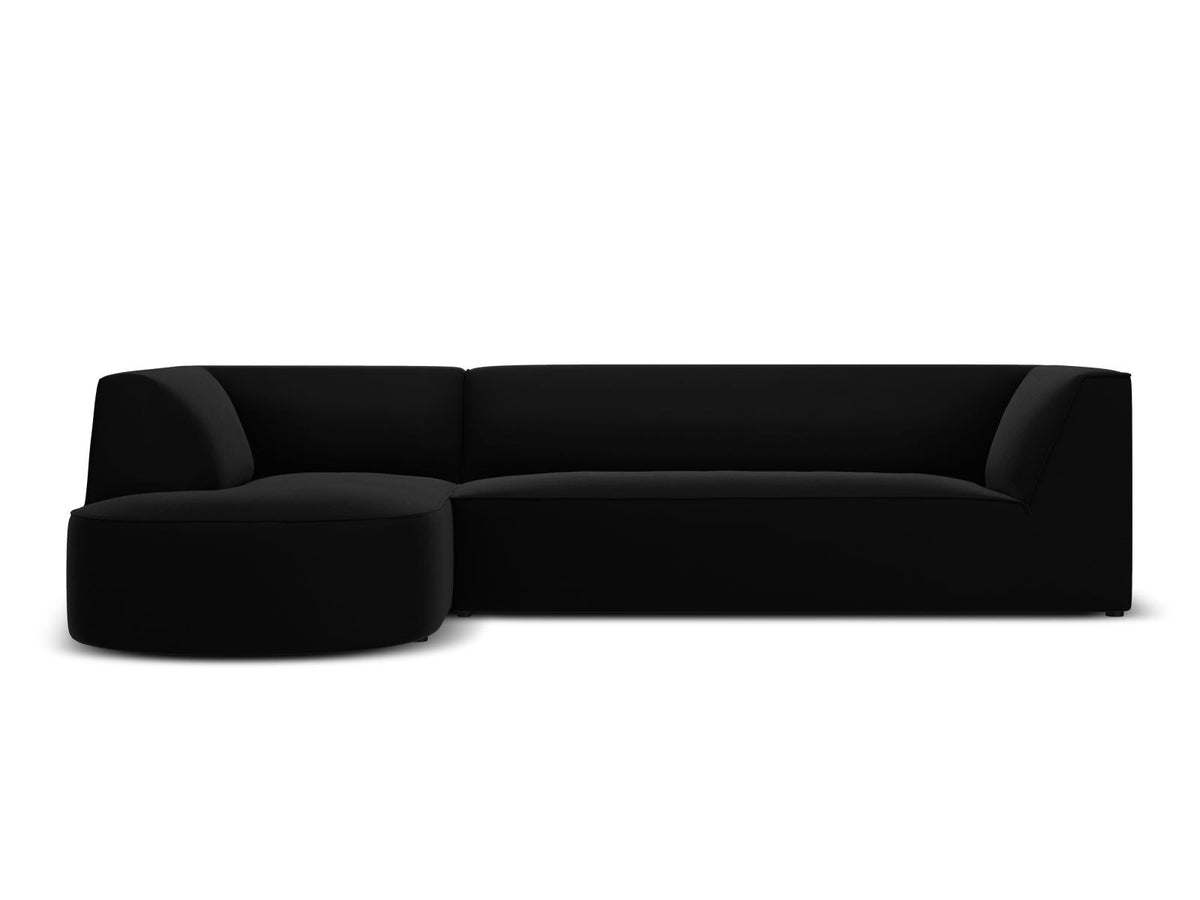 Modulares Ecksofa links in Beige-Salvador Samtstoff, schwarze Kunststoffbeine, Récamiere und gepolsterte Rückenlehne, 4-Sitzer, 180cm Breite.