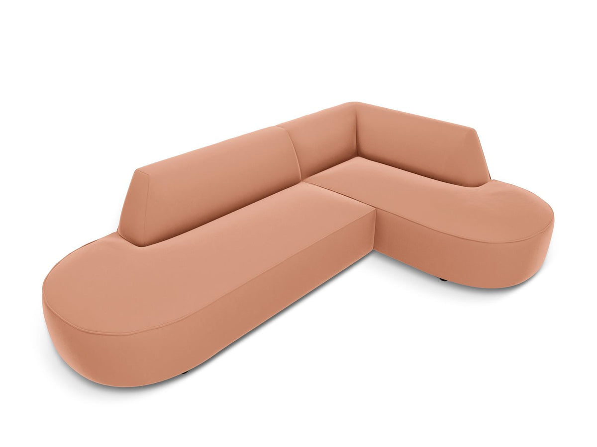 Modulares Ecksofa rechts Siena in Beige-Salvador Samtstoff mit schwarzen Kunststoffbeinen, Récamiere und Massivholzrahmen, 4-Sitzer, 180 cm.