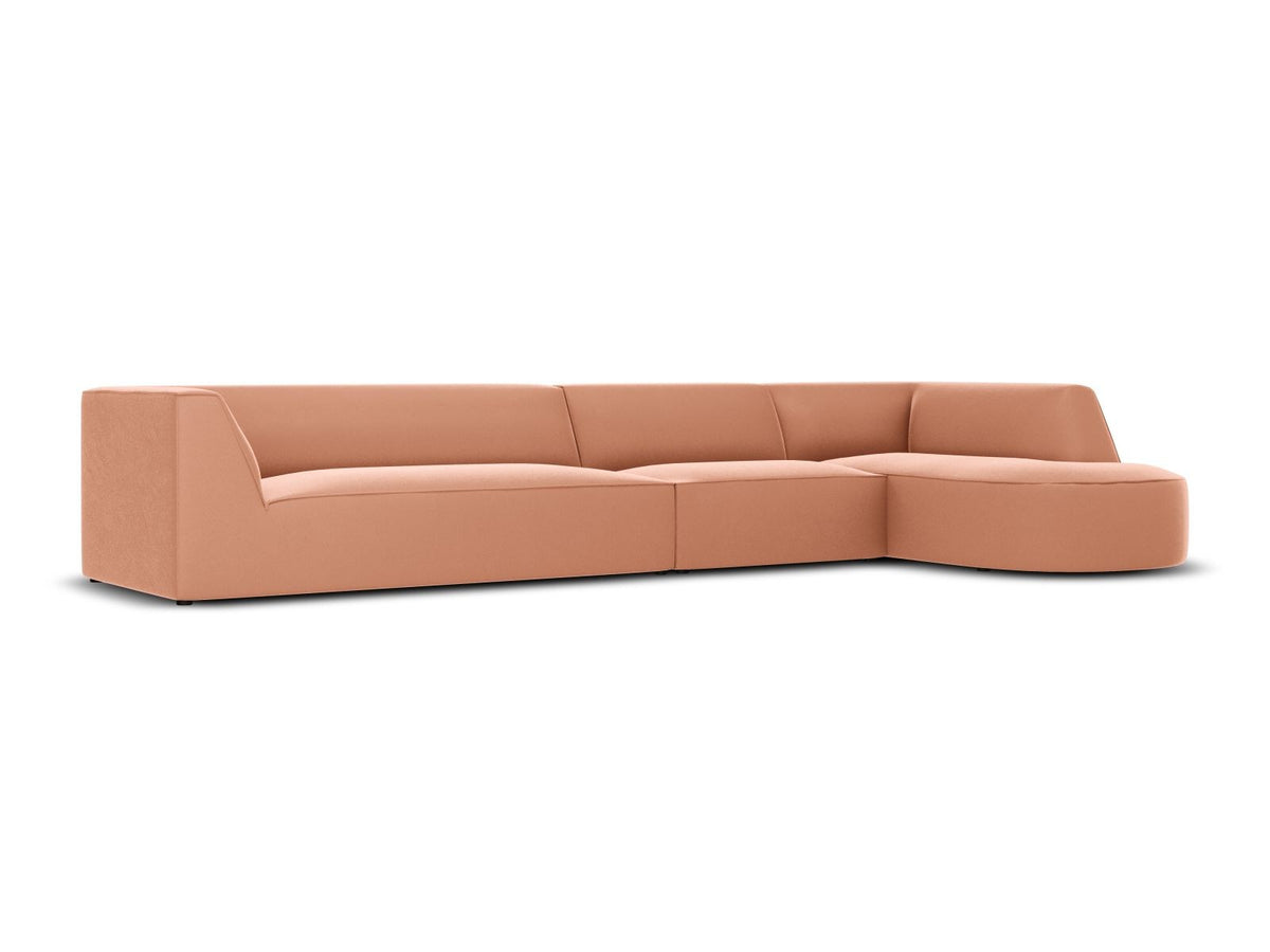 Modulares Ecksofa rechts mit Samtbezug in Beige-Salvador, Récamiere, Massivholzrahmen und schwarzen Kunststoffbeinen, 5-Sitzer Ausführung.
