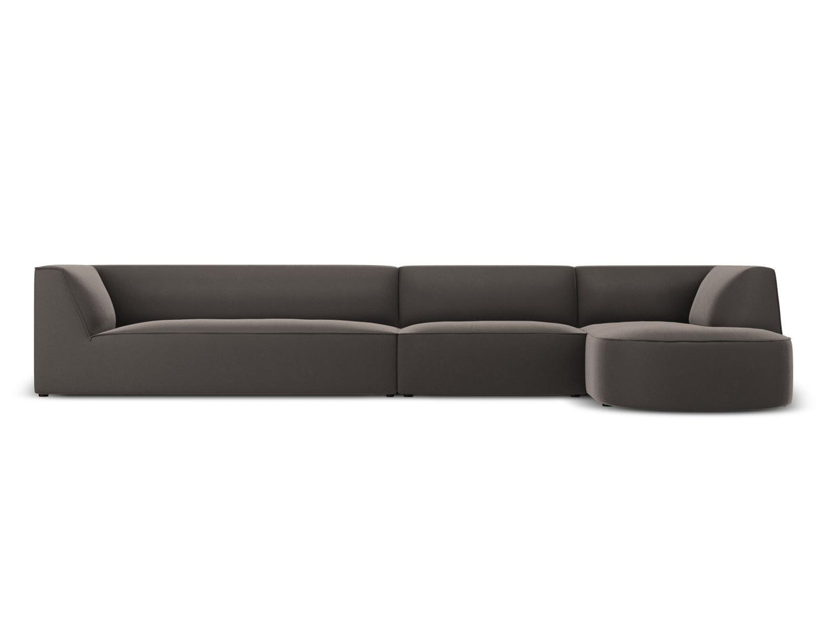 Modulares Ecksofa rechts mit Samtbezug in Beige-Salvador, Récamiere, Massivholzrahmen und schwarzen Kunststoffbeinen, 5-Sitzer Ausführung.