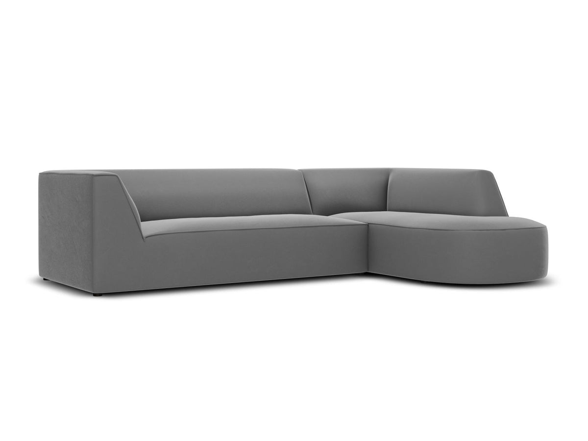 Modulares Ecksofa rechts Siena in Beige-Salvador Samtstoff mit schwarzen Kunststoffbeinen, Récamiere und Massivholzrahmen, 4-Sitzer, 180 cm.