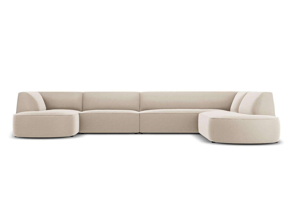 Panorama-Ecksofa rechts Siena mit Samtbezug in Bottle Green, Holzrahmen und schwarzen Kunststoffbeinen, 7 Sitzplätze, 273cm Tiefe.
