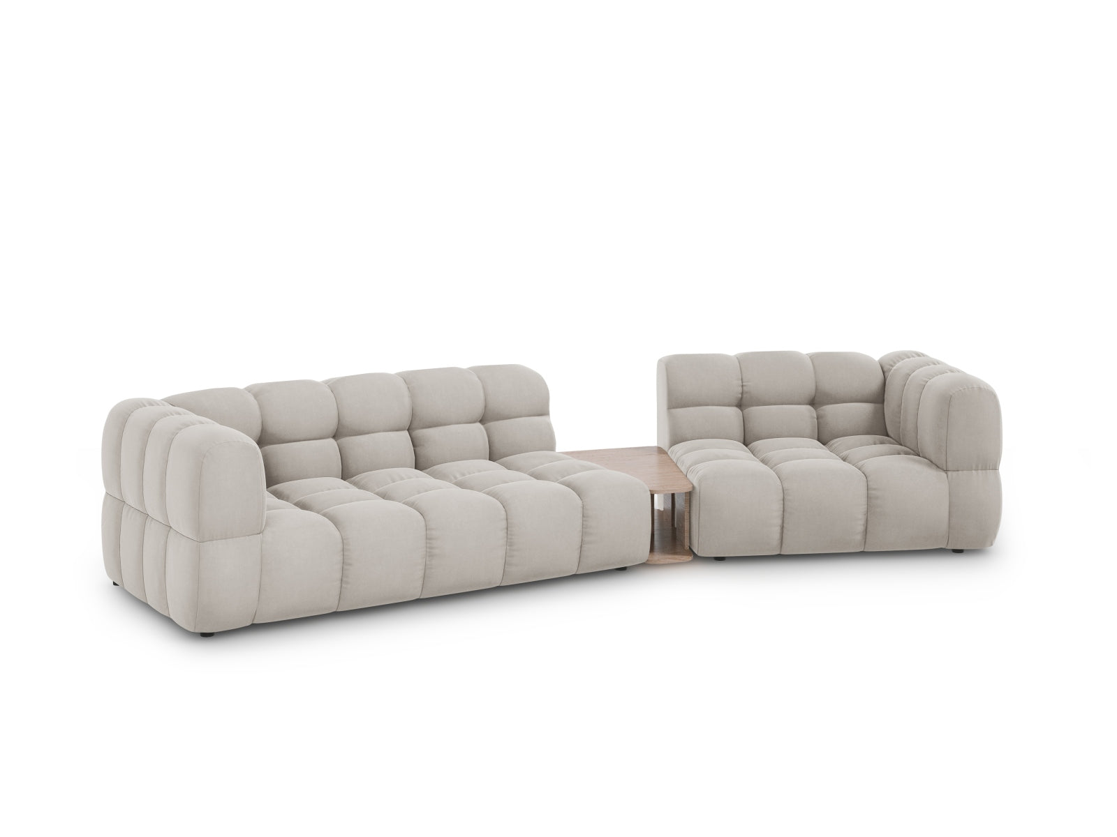 Elegantes Sky Velour Sofa in Light Beige, 3-Sitzer, modular und rechtsseitig, ideal für stilvolle Wohnräume.