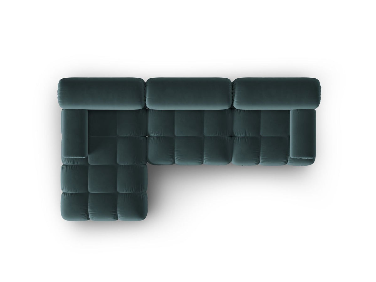 Modulares Ecksofa mit rosa Samtstoff, schwarzen Kunststoffbeinen und gepolsterter Récamiere, Ansicht von vorne links.