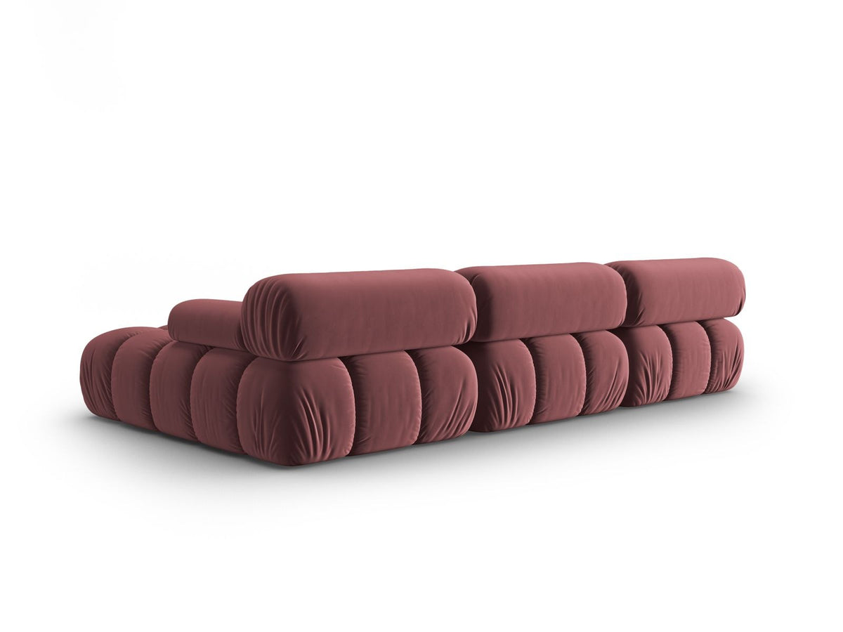 Cortina Samt-Modul-Ecksofa rechts in Pink-Bluvel, moderne Sitzlandschaft mit Récamiere und schwarzen Kunststoffbeinen.