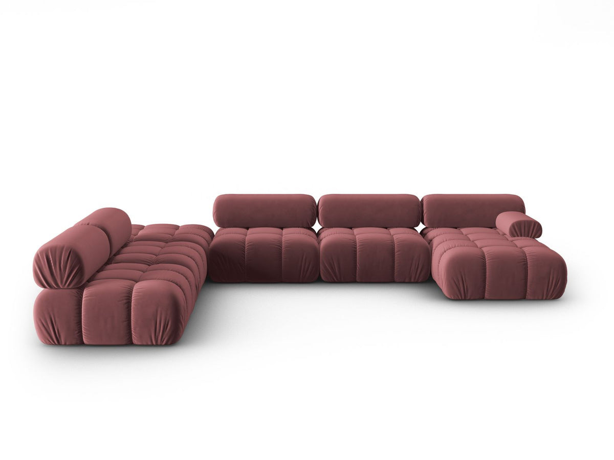 Cortina Modul-Ecksofa links von Cosmopolitan Design in Pink-Bluvel-Samt, 7-Sitzer, Panorama-Form mit Récamiere, schwarze Kunststoffbeine.