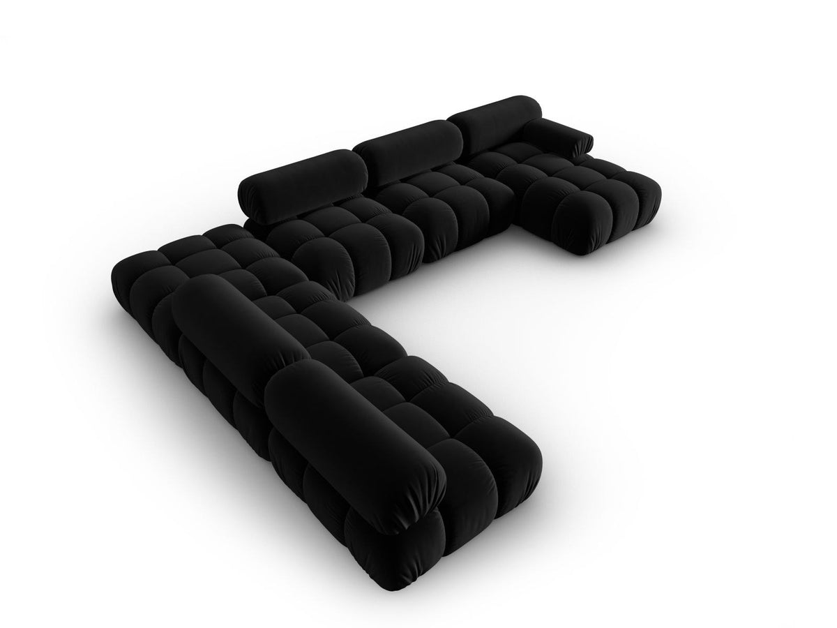 Cortina Modul-Ecksofa links von Cosmopolitan Design in Pink-Bluvel-Samt, 7-Sitzer, Panorama-Form mit Récamiere, schwarze Kunststoffbeine.