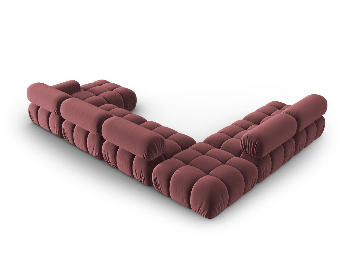 Cortina Modul-Ecksofa links von Cosmopolitan Design in Pink-Bluvel-Samt, 7-Sitzer, Panorama-Form mit Récamiere, schwarze Kunststoffbeine.