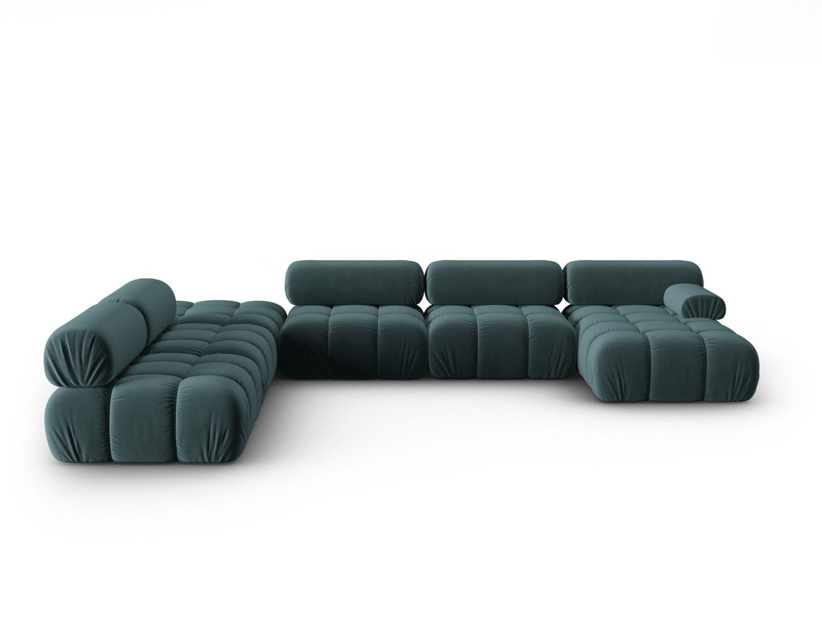 Cortina Modul-Ecksofa links von Cosmopolitan Design in Pink-Bluvel-Samt, 7-Sitzer, Panorama-Form mit Récamiere, schwarze Kunststoffbeine.