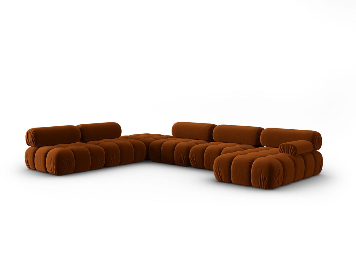 Cortina Modul-Ecksofa links von Cosmopolitan Design in Pink-Bluvel-Samt, 7-Sitzer, Panorama-Form mit Récamiere, schwarze Kunststoffbeine.