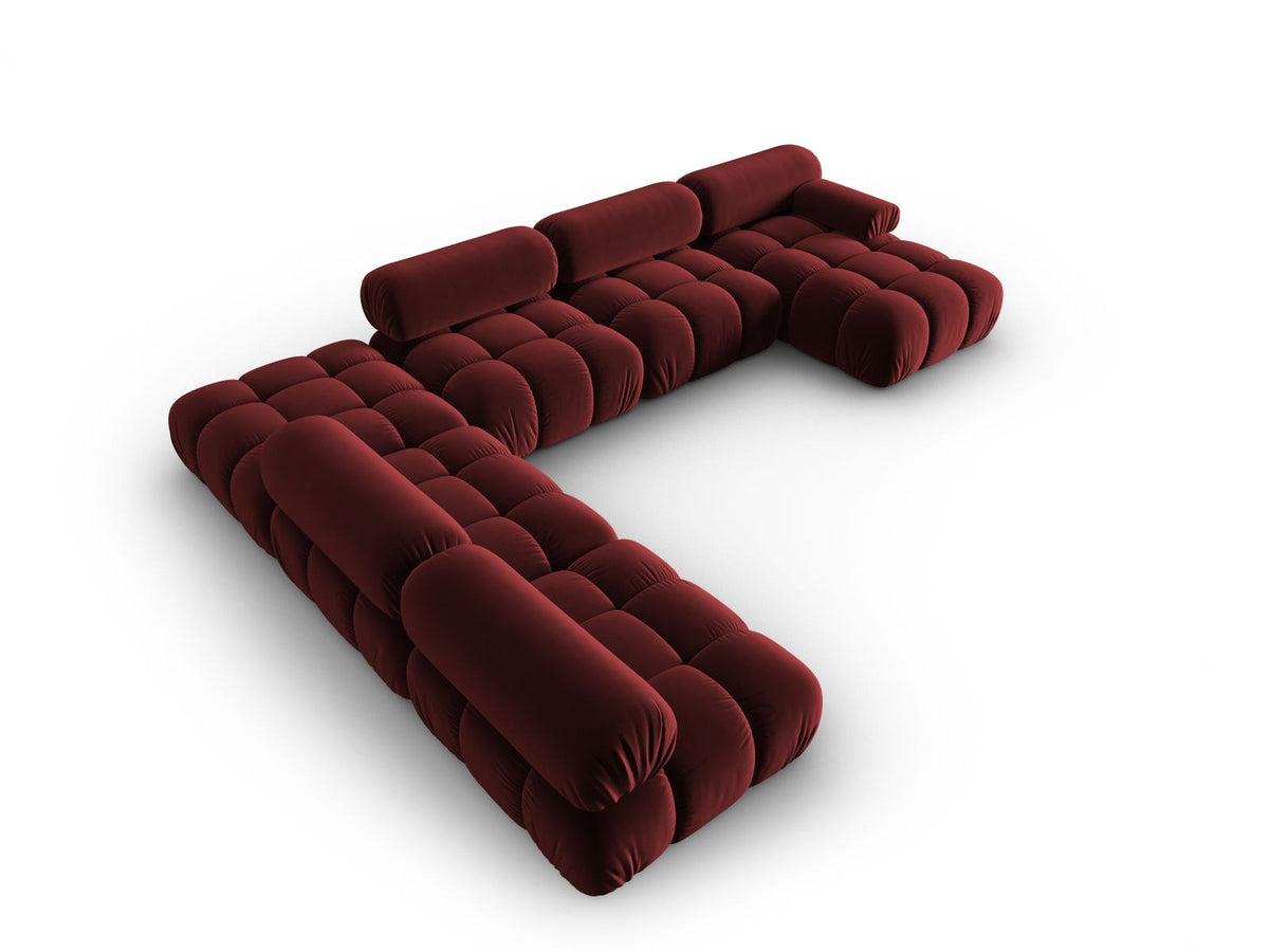 Cortina Modul-Ecksofa links von Cosmopolitan Design in Pink-Bluvel-Samt, 7-Sitzer, Panorama-Form mit Récamiere, schwarze Kunststoffbeine.
