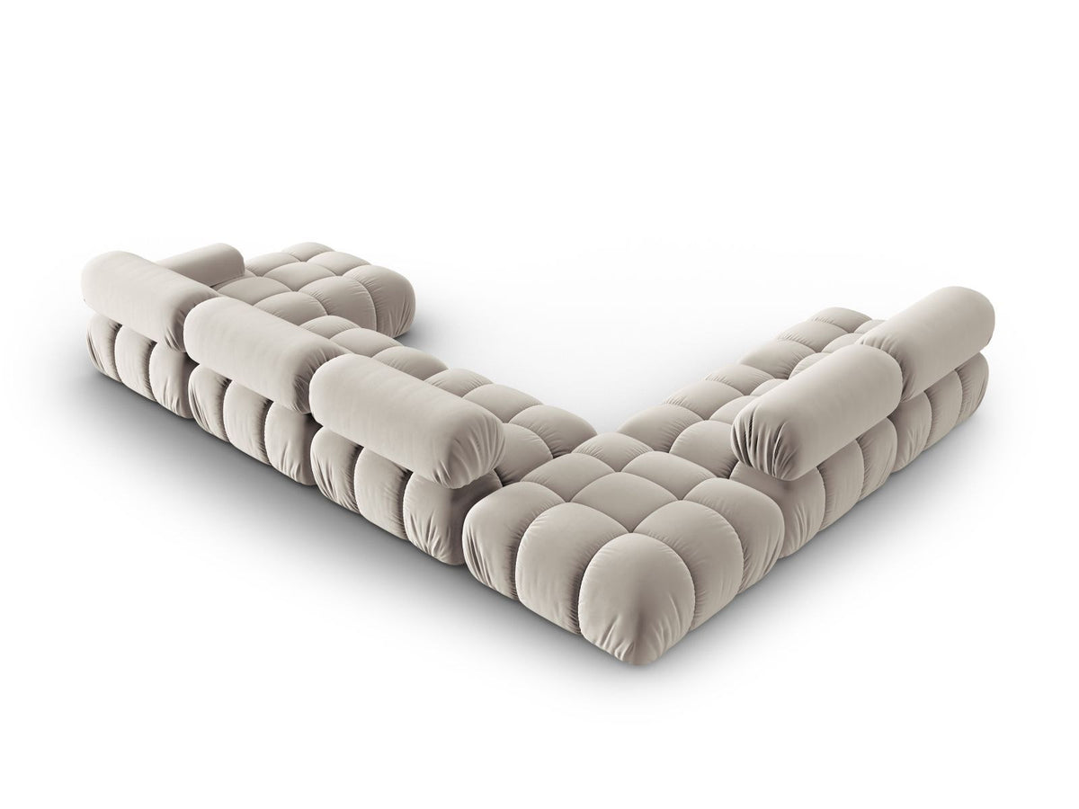 Cortina Modul-Ecksofa links von Cosmopolitan Design in Pink-Bluvel-Samt, 7-Sitzer, Panorama-Form mit Récamiere, schwarze Kunststoffbeine.