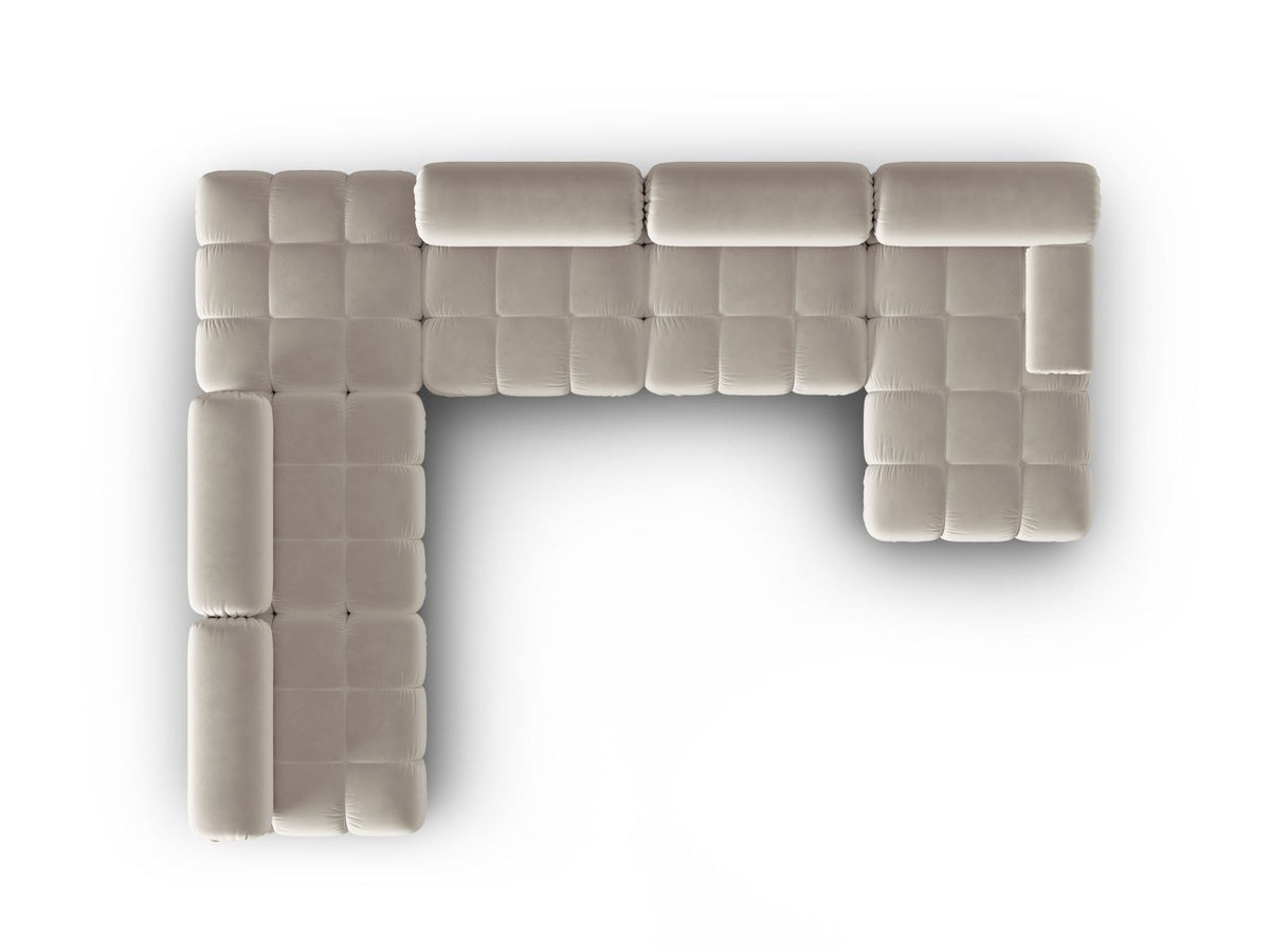 Cortina Modul-Ecksofa links von Cosmopolitan Design in Pink-Bluvel-Samt, 7-Sitzer, Panorama-Form mit Récamiere, schwarze Kunststoffbeine.