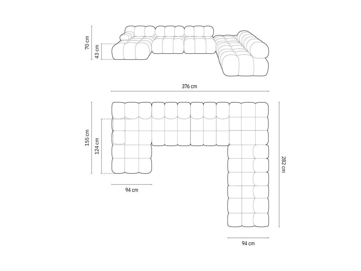 Modulares Ecksofa rechts Cortina in Pink-Bluvel Samtstoff mit Massivholzrahmen und schwarzen Kunststoffbeinen, 7-Sitzer Panorama-Design.