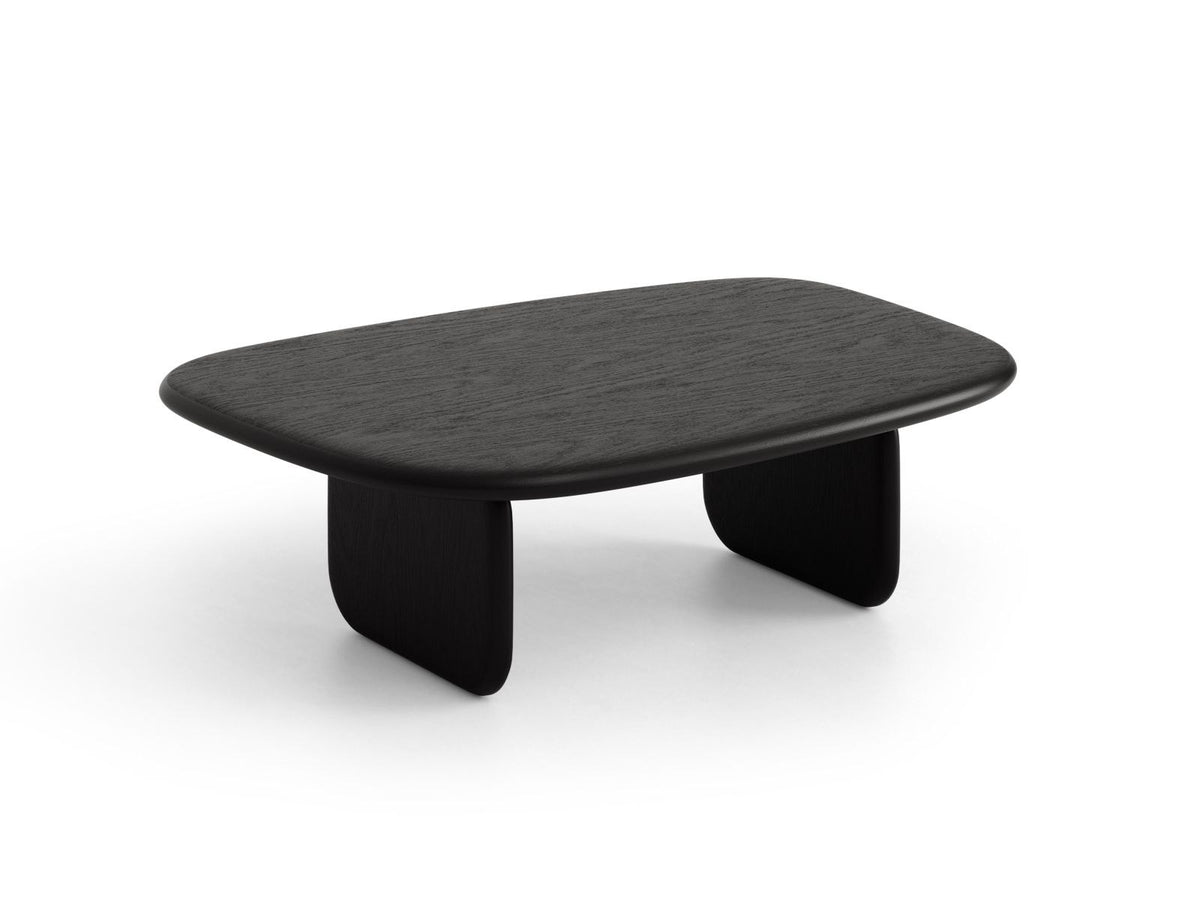 Rechteckiger Couchtisch Sora mit Eichenfurnier in Black Oak-Wood, Holzbeine, gebürstete und lackierte Oberfläche, moderne Form.