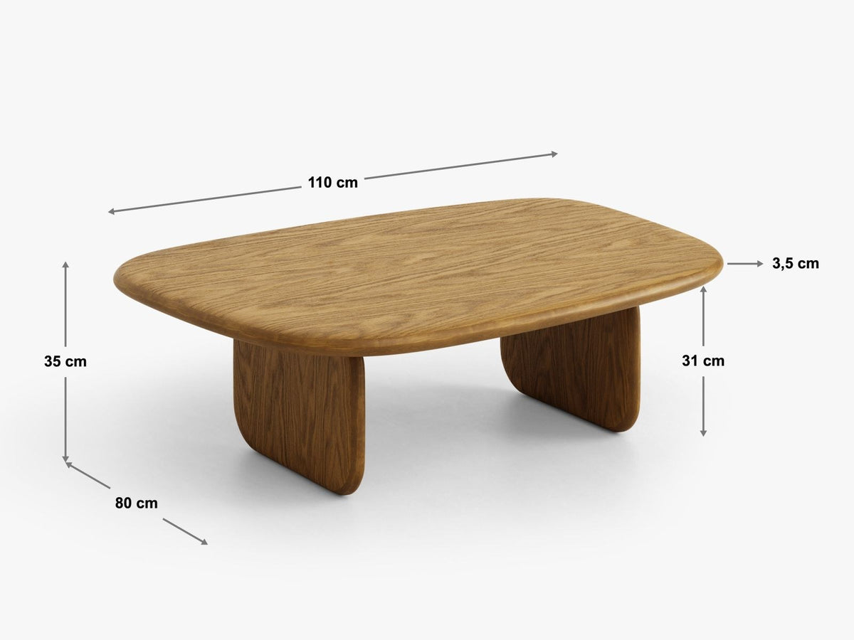 Rechteckiger Couchtisch Sora mit Eichenfurnier in Black Oak-Wood, Holzbeine, gebürstete und lackierte Oberfläche, moderne Form.