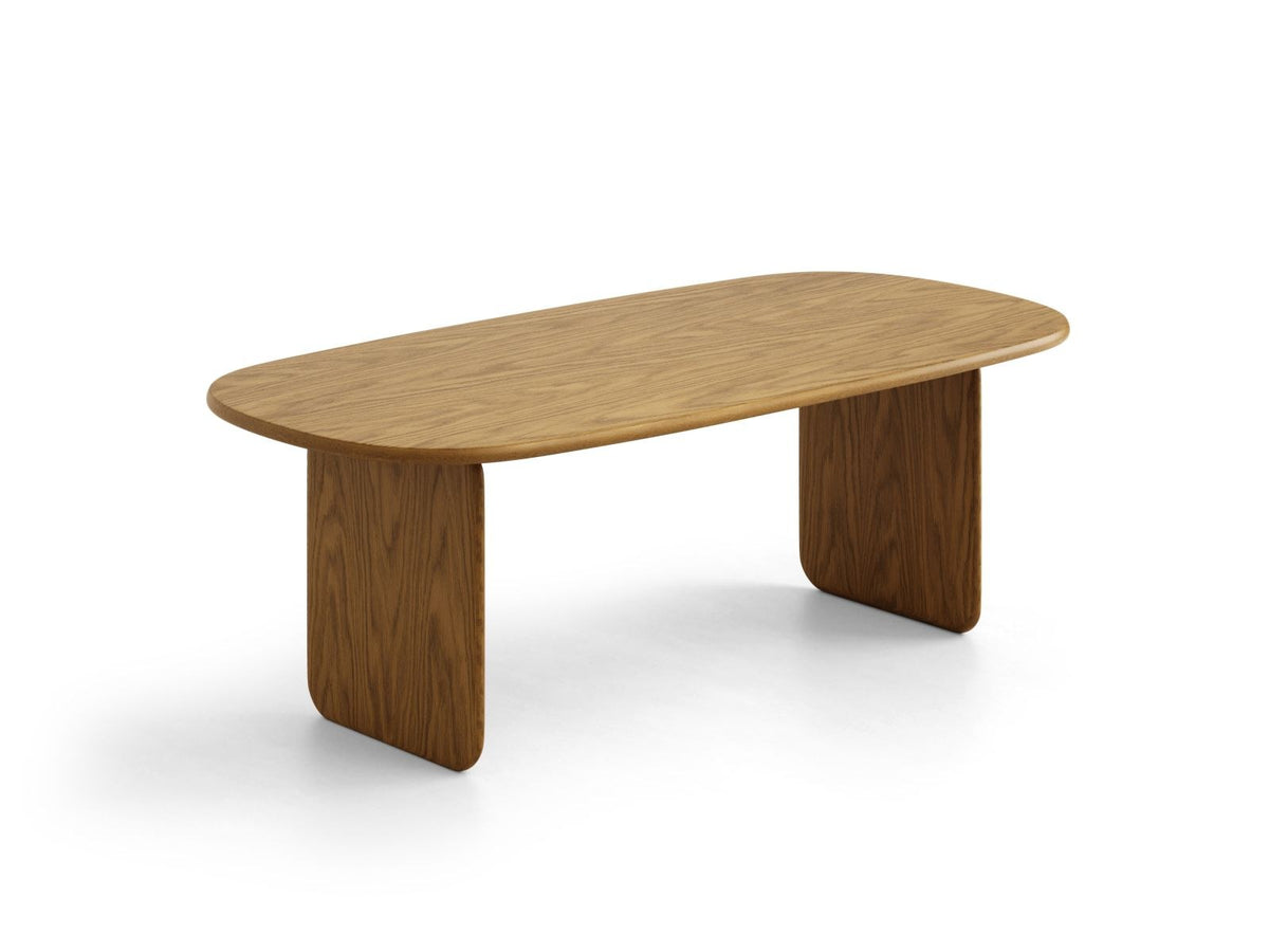 Esstisch aus Holz mit Eichenfurnier in Schwarz, rechteckige Tischplatte mit Holzbeinen, Ansicht von der Seite.