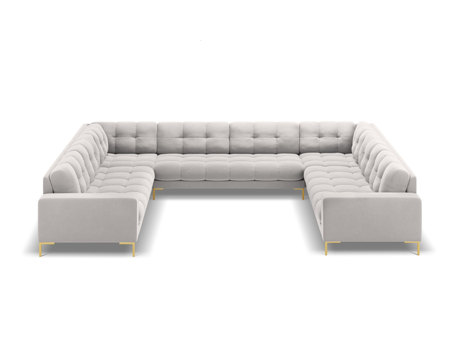 Elegantes 9-Sitzer Ecksofa Bali in Silver-Bluvel, ideal für gesellige Abende und ein modernes Wohnambiente.