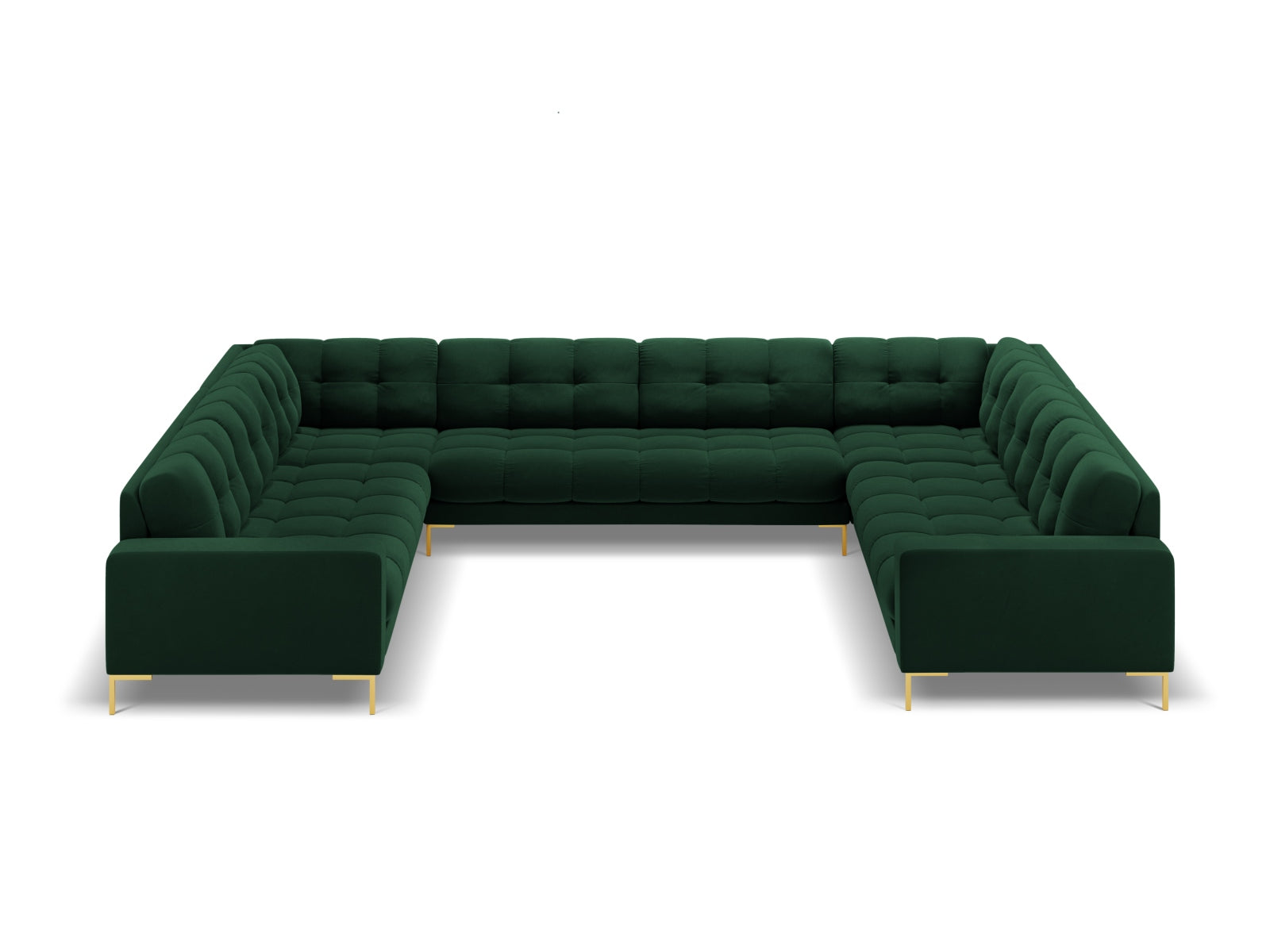 Elegantes 9-Sitzer Ecksofa Bali in sattem Flaschengrün, ideal für stilvolle Wohnräume und entspannte Zusammenkünfte.