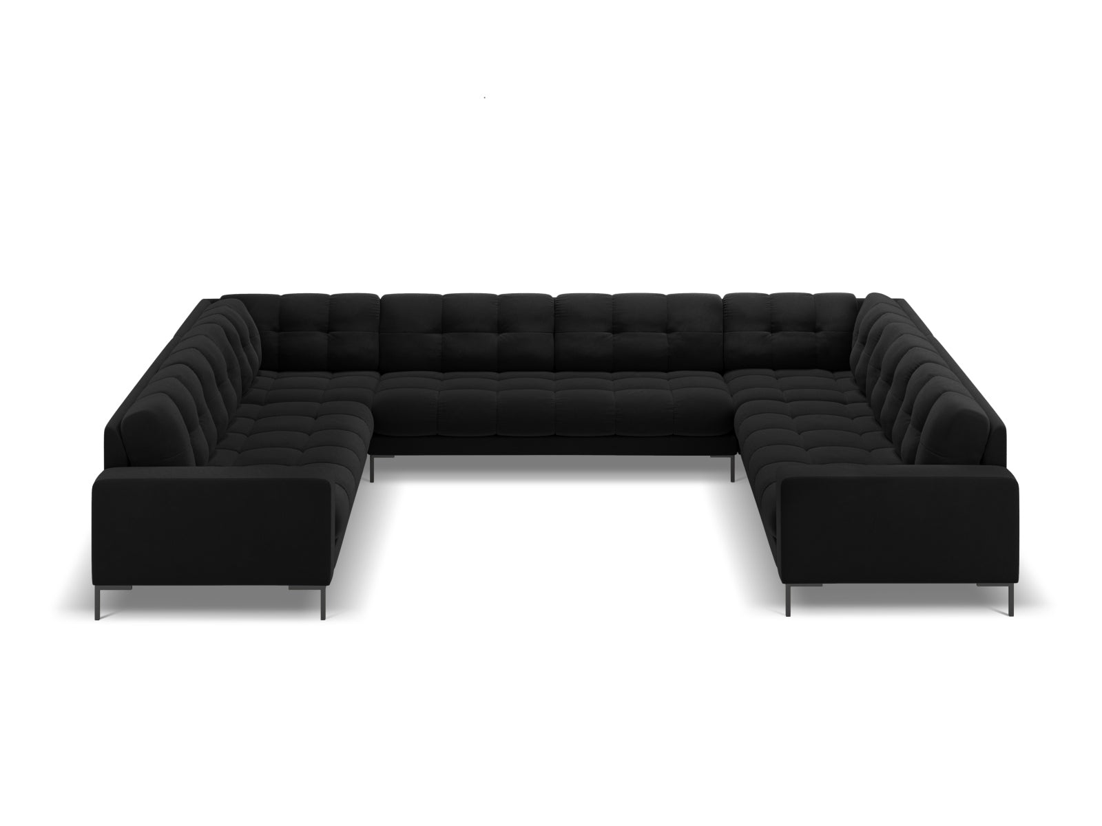 Elegantes 9-Sitzer Panoramic Sofa Bali in stilvollem Black-Bluvel, ideal für moderne Wohnräume und gesellige Abende.