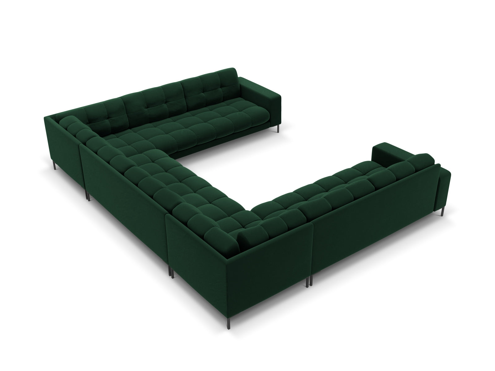 Elegantes 9-Sitzer Ecksofa Bali in sattem Flaschengrün, ideal für stilvolle Wohnräume und gesellige Zusammenkünfte.