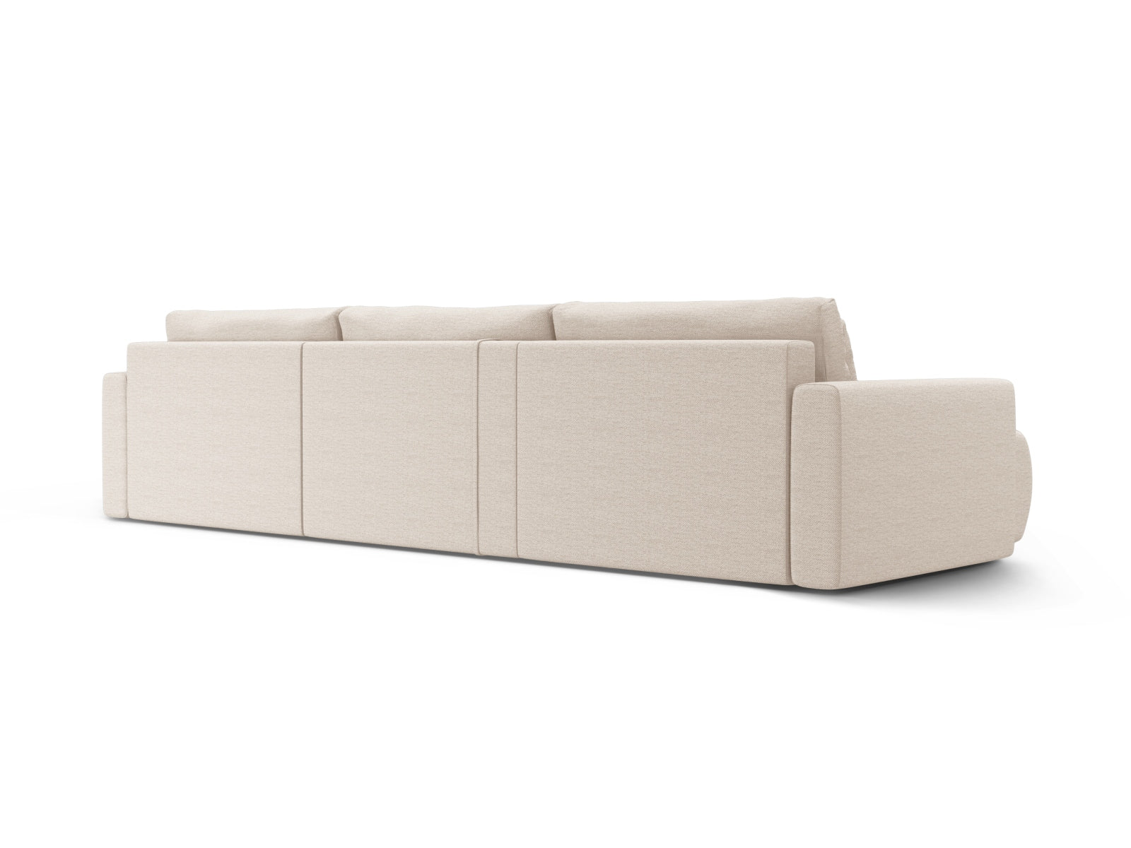 Modernes Belfast Panoramic Sofa in sanftem Beige, 4-Sitzer mit cleverem Stauraum und praktischer Schlaffunktion für vielseitige Nutzung.