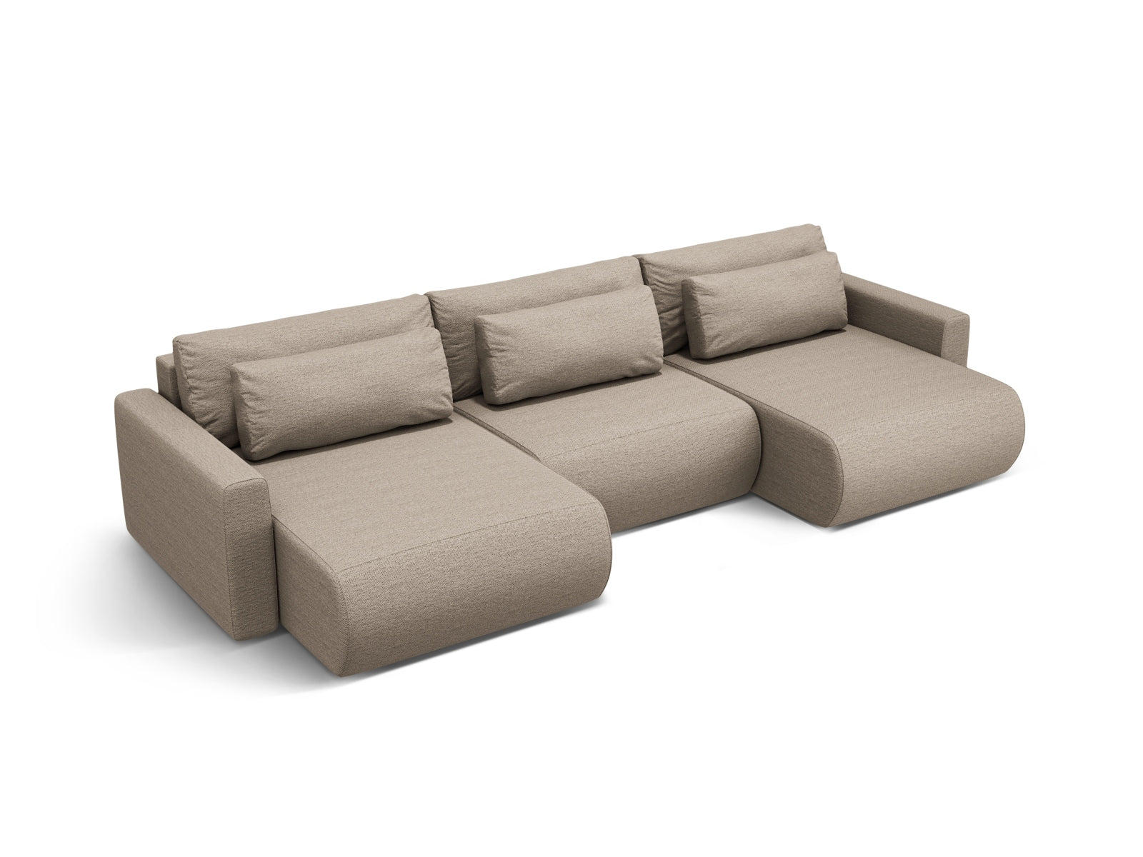 Modernes 4-Sitzer Belfast Panoramic Sofa in Dunkelbeige, ausgestattet mit Stauraum und Schlaffunktion, perfekt für gemütliche Abende.