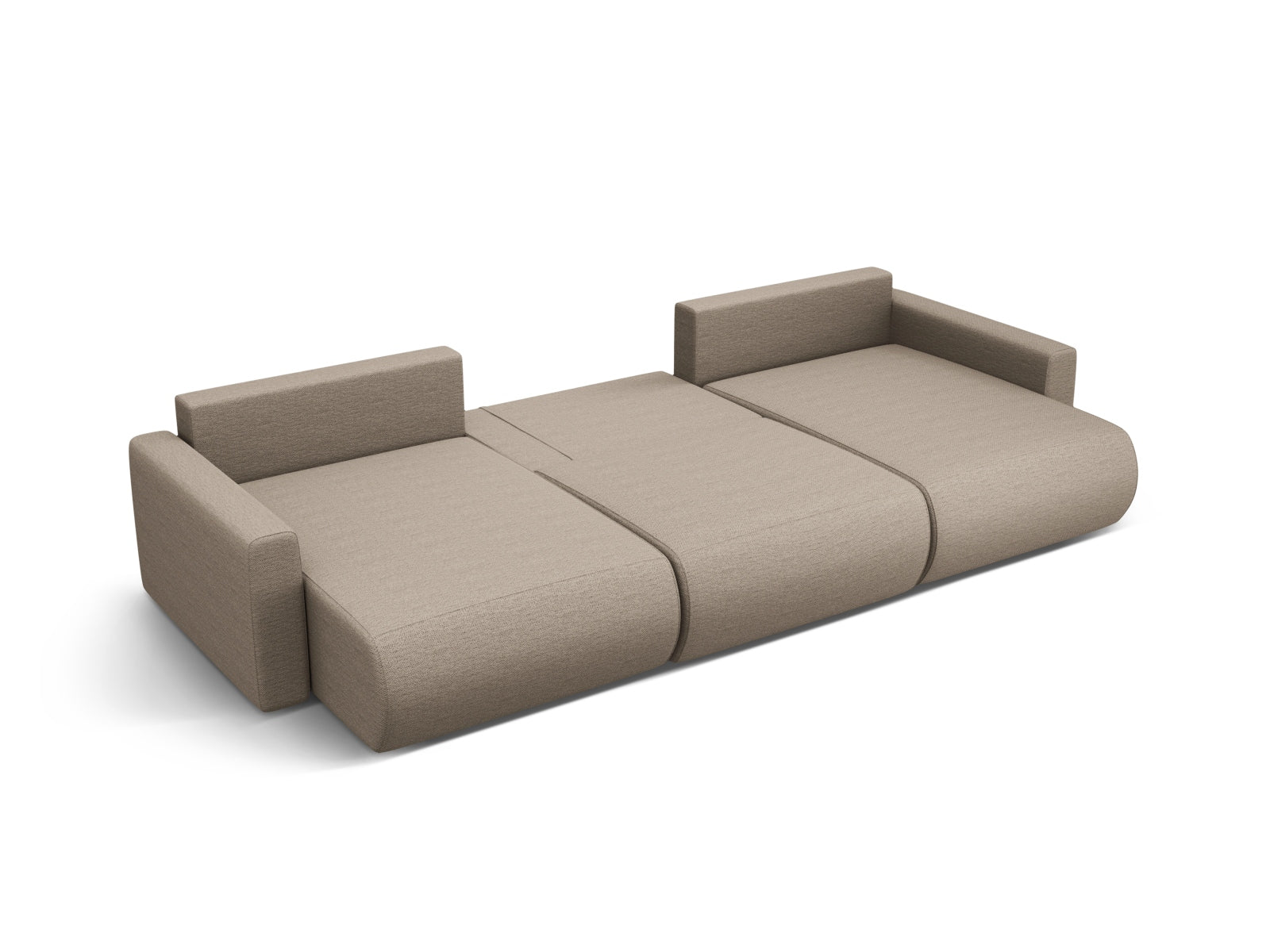 Elegantes Belfast Panoramic Sofa in Dunkelbeige, 4-Sitzer mit praktischem Stauraum und Schlaffunktion für vielseitige Nutzung und Komfort.