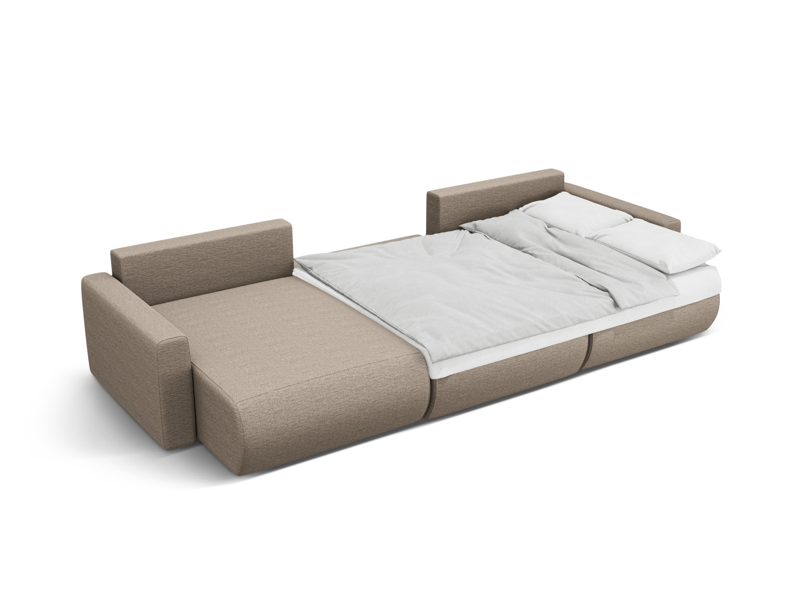 Modernes 4-Sitzer Belfast Panoramic Sofa in Dunkelbeige, ideal für stilvolle Wohnräume, bietet Stauraum und eine bequeme Schlaffunktion.