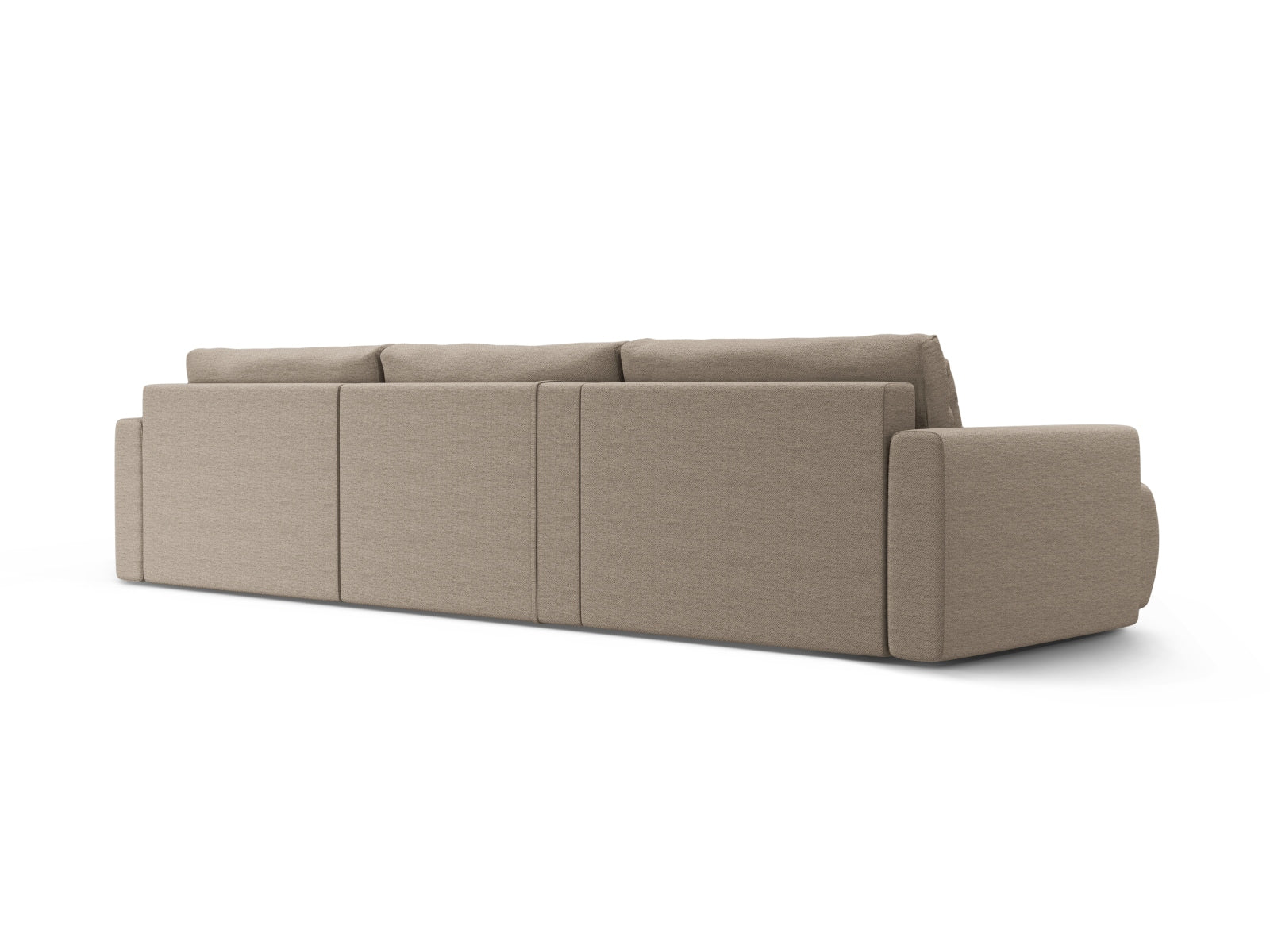 Elegantes Belfast Panoramic Sofa in Dunkelbeige, 4-Sitzer mit praktischem Stauraum und umwandelbarer Schlaffunktion für vielseitige Nutzung.