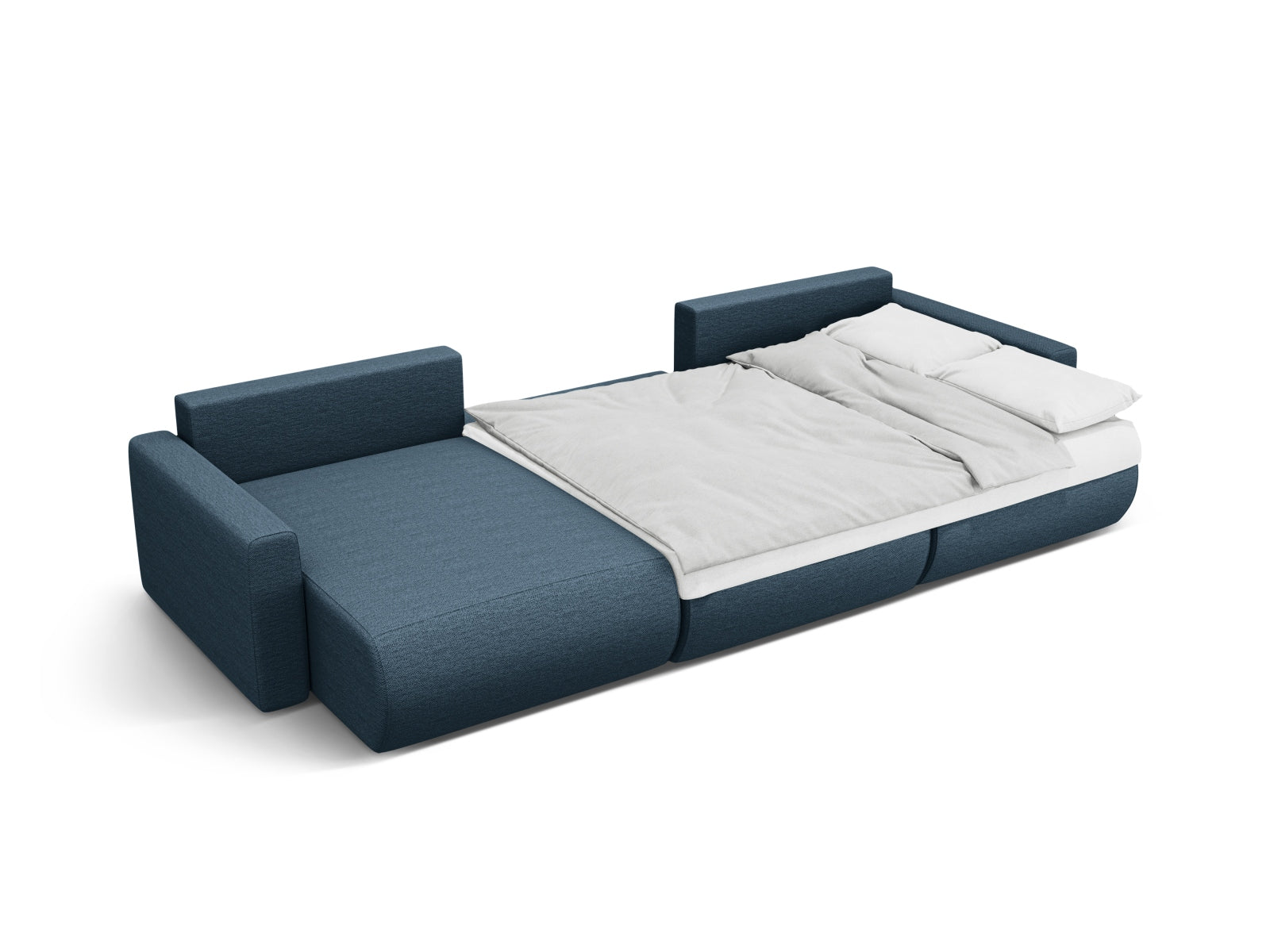 Modernes 4-Sitzer Belfast Panoramic Sofa in Blue-Heritage, ideal für stilvolle Wohnräume, mit praktischem Stauraum und ausziehbarer Schlaffunktion.