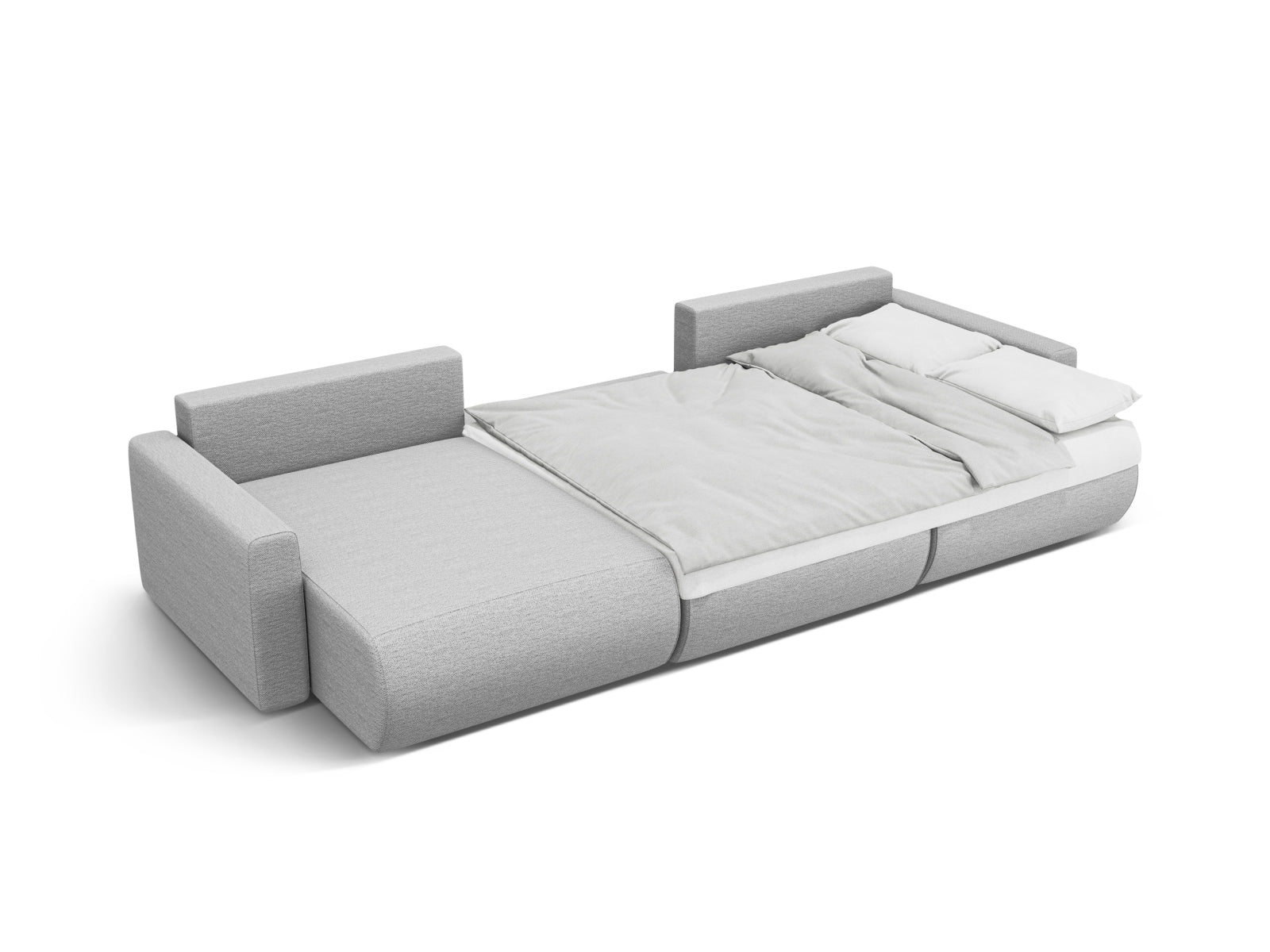 Modernes 5-Sitzer Belfast Panoramic Sofa in sanftem Grau, bietet praktischen Stauraum und eine komfortable Schlaffunktion für Gäste.