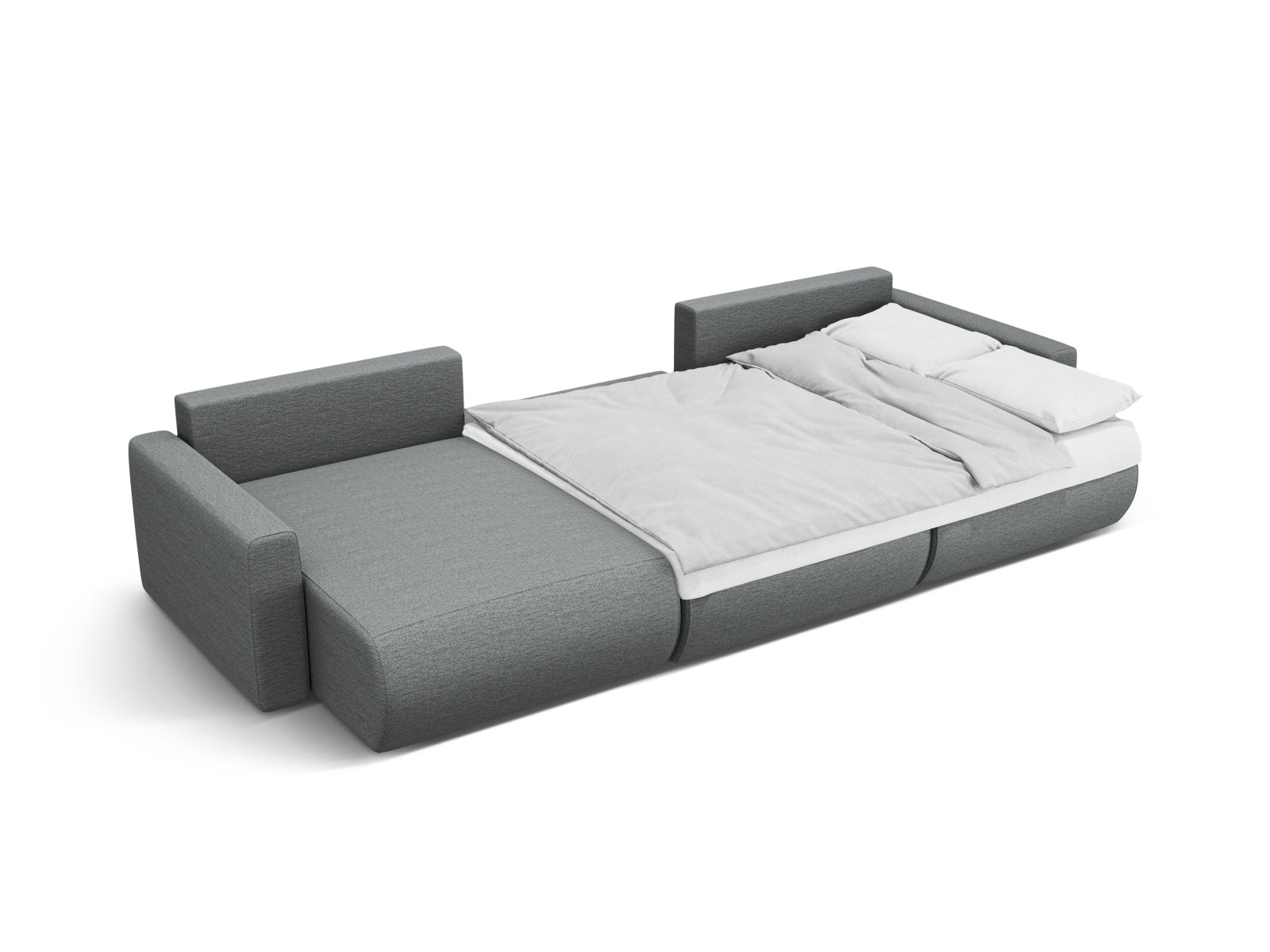 Modernes 4-Sitzer Belfast Panoramic Sofa in stilvollem Grau, bietet praktischen Stauraum und eine ausziehbare Schlaffunktion für Gäste.